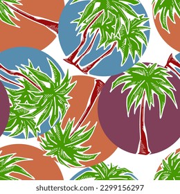 Tropical seamless vector pattern with palm leaves and tree. Holiday vocation theme for fabric print, textile design, fashion party invitation, luxury life style. Hand drawn cartoon line illustration.