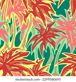 Tropical seamless vector pattern with palm leaves and tree. Holiday vocation theme for fabric print, textile design, fashion party invitation, luxury life style. Hand drawn cartoon line illustration.
