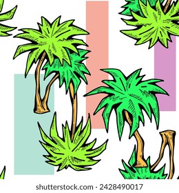 Patrón de vector sin costuras tropical con hojas de palma y árbol. Tema de vocación de vacaciones para la impresión de la tela, diseño textil, invitación de fiesta de moda, estilo de vida de lujo. Dibujado a mano ilustración de línea de dibujos animados.