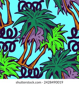 Patrón de vector sin costuras tropical con hojas de palma y árbol. Tema de vocación de vacaciones para la impresión de la tela, diseño textil, invitación de fiesta de moda, estilo de vida de lujo. Dibujado a mano ilustración de línea de dibujos animados.