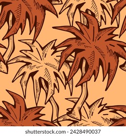 Patrón de vector sin costuras tropical con hojas de palma y árbol. Tema de vocación de vacaciones para la impresión de la tela, diseño textil, invitación de fiesta de moda, estilo de vida de lujo. Dibujado a mano ilustración de línea de dibujos animados.