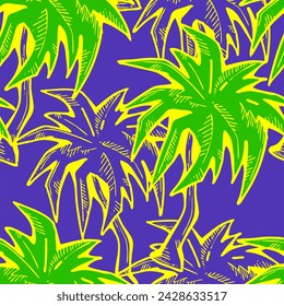 Patrón de vector sin costuras tropical con hojas de palma y árbol. Tema de vocación de vacaciones para la impresión de la tela, diseño textil, invitación de fiesta de moda, estilo de vida de lujo. Dibujado a mano ilustración de línea de dibujos animados.