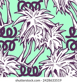 Patrón de vector sin costuras tropical con hojas de palma y árbol. Tema de vocación de vacaciones para la impresión de la tela, diseño textil, invitación de fiesta de moda, estilo de vida de lujo. Dibujado a mano ilustración de línea de dibujos animados.