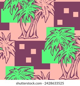 Patrón de vector sin costuras tropical con hojas de palma y árbol. Tema de vocación de vacaciones para la impresión de la tela, diseño textil, invitación de fiesta de moda, estilo de vida de lujo. Dibujado a mano ilustración de línea de dibujos animados.