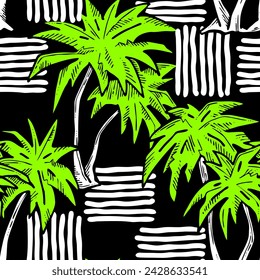 Patrón de vector sin costuras tropical con hojas de palma y árbol. Tema de vocación de vacaciones para la impresión de la tela, diseño textil, invitación de fiesta de moda, estilo de vida de lujo. Dibujado a mano ilustración de línea de dibujos animados.