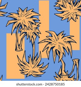 Patrón de vector sin costuras tropical con hojas de palma y árbol. Tema de vocación de vacaciones para la impresión de la tela, diseño textil, invitación de fiesta de moda, estilo de vida de lujo. Dibujado a mano ilustración de línea de dibujos animados.