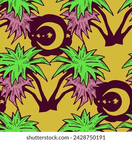 Patrón de vector sin costuras tropical con hojas de palma y árbol. Tema de vocación de vacaciones para la impresión de la tela, diseño textil, invitación de fiesta de moda, estilo de vida de lujo. Dibujado a mano ilustración de línea de dibujos animados.