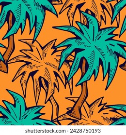 Patrón de vector sin costuras tropical con hojas de palma y árbol. Tema de vocación de vacaciones para la impresión de la tela, diseño textil, invitación de fiesta de moda, estilo de vida de lujo. Dibujado a mano ilustración de línea de dibujos animados.