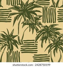 Patrón de vector sin costuras tropical con hojas de palma y árbol. Tema de vocación de vacaciones para la impresión de la tela, diseño textil, invitación de fiesta de moda, estilo de vida de lujo. Dibujado a mano ilustración de línea de dibujos animados.