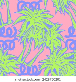 Patrón de vector sin costuras tropical con hojas de palma y árbol. Tema de vocación de vacaciones para la impresión de la tela, diseño textil, invitación de fiesta de moda, estilo de vida de lujo. Dibujado a mano ilustración de línea de dibujos animados.