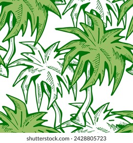 Patrón de vector sin costuras tropical con hojas de palma y árbol. Tema de vocación de vacaciones para la impresión de la tela, diseño textil, invitación de fiesta de moda, estilo de vida de lujo. Dibujado a mano ilustración de línea de dibujos animados.