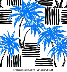 Patrón de vector sin costuras tropical con hojas de palma y árbol. Tema de vocación de vacaciones para la impresión de la tela, diseño textil, invitación de fiesta de moda, estilo de vida de lujo. Dibujado a mano ilustración de línea de dibujos animados.