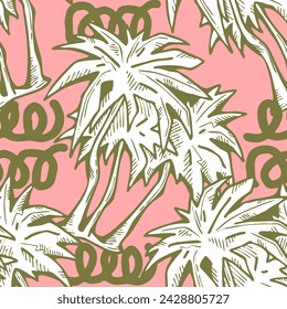 Patrón de vector sin costuras tropical con hojas de palma y árbol. Tema de vocación de vacaciones para la impresión de la tela, diseño textil, invitación de fiesta de moda, estilo de vida de lujo. Dibujado a mano ilustración de línea de dibujos animados.