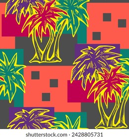 Patrón de vector sin costuras tropical con hojas de palma y árbol. Tema de vocación de vacaciones para la impresión de la tela, diseño textil, invitación de fiesta de moda, estilo de vida de lujo. Dibujado a mano ilustración de línea de dibujos animados.