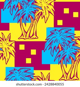 Patrón de vector sin costuras tropical con hojas de palma y árbol. Tema de vocación de vacaciones para la impresión de la tela, diseño textil, invitación de fiesta de moda, estilo de vida de lujo. Dibujado a mano ilustración de línea de dibujos animados.