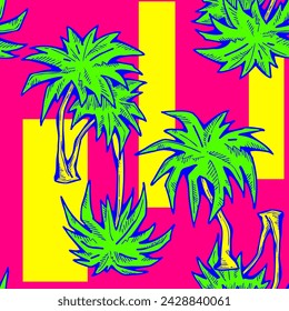 Patrón de vector sin costuras tropical con hojas de palma y árbol. Tema de vocación de vacaciones para la impresión de la tela, diseño textil, invitación de fiesta de moda, estilo de vida de lujo. Dibujado a mano ilustración de línea de dibujos animados.