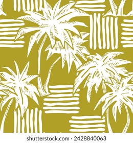 Patrón de vector sin costuras tropical con hojas de palma y árbol. Tema de vocación de vacaciones para la impresión de la tela, diseño textil, invitación de fiesta de moda, estilo de vida de lujo. Dibujado a mano ilustración de línea de dibujos animados.