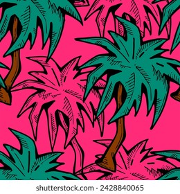 Patrón de vector sin costuras tropical con hojas de palma y árbol. Tema de vocación de vacaciones para la impresión de la tela, diseño textil, invitación de fiesta de moda, estilo de vida de lujo. Dibujado a mano ilustración de línea de dibujos animados.