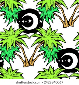 Patrón de vector sin costuras tropical con hojas de palma y árbol. Tema de vocación de vacaciones para la impresión de la tela, diseño textil, invitación de fiesta de moda, estilo de vida de lujo. Dibujado a mano ilustración de línea de dibujos animados.