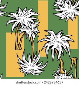 Patrón de vector sin costuras tropical con hojas de palma y árbol. Tema de vocación de vacaciones para la impresión de la tela, diseño textil, invitación de fiesta de moda, estilo de vida de lujo. Dibujado a mano ilustración de línea de dibujos animados.