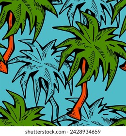 Patrón de vector sin costuras tropical con hojas de palma y árbol. Tema de vocación de vacaciones para la impresión de la tela, diseño textil, invitación de fiesta de moda, estilo de vida de lujo. Dibujado a mano ilustración de línea de dibujos animados.