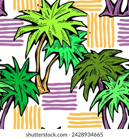 Patrón de vector sin costuras tropical con hojas de palma y árbol. Tema de vocación de vacaciones para la impresión de la tela, diseño textil, invitación de fiesta de moda, estilo de vida de lujo. Dibujado a mano ilustración de línea de dibujos animados.