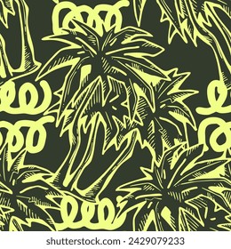 Patrón de vector sin costuras tropical con hojas de palma y árbol. Tema de vocación de vacaciones para la impresión de la tela, diseño textil, invitación de fiesta de moda, estilo de vida de lujo. Dibujado a mano ilustración de línea de dibujos animados.