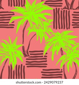 Patrón de vector sin costuras tropical con hojas de palma y árbol. Tema de vocación de vacaciones para la impresión de la tela, diseño textil, invitación de fiesta de moda, estilo de vida de lujo. Dibujado a mano ilustración de línea de dibujos animados.