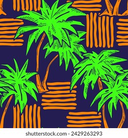 Patrón de vector sin costuras tropical con hojas de palma y árbol. Tema de vocación de vacaciones para la impresión de la tela, diseño textil, invitación de fiesta de moda, estilo de vida de lujo. Dibujado a mano ilustración de línea de dibujos animados.