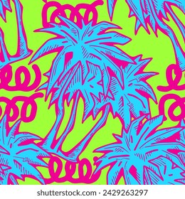 Patrón de vector sin costuras tropical con hojas de palma y árbol. Tema de vocación de vacaciones para la impresión de la tela, diseño textil, invitación de fiesta de moda, estilo de vida de lujo. Dibujado a mano ilustración de línea de dibujos animados.