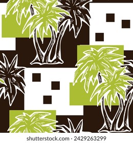 Patrón de vector sin costuras tropical con hojas de palma y árbol. Tema de vocación de vacaciones para la impresión de la tela, diseño textil, invitación de fiesta de moda, estilo de vida de lujo. Dibujado a mano ilustración de línea de dibujos animados.