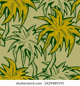 Patrón de vector sin costuras tropical con hojas de palma y árbol. Tema de vocación de vacaciones para la impresión de la tela, diseño textil, invitación de fiesta de moda, estilo de vida de lujo. Dibujado a mano ilustración de línea de dibujos animados.