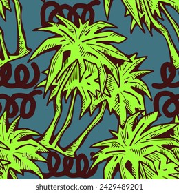 Patrón de vector sin costuras tropical con hojas de palma y árbol. Tema de vocación de vacaciones para la impresión de la tela, diseño textil, invitación de fiesta de moda, estilo de vida de lujo. Dibujado a mano ilustración de línea de dibujos animados.