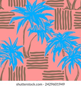 Patrón de vector sin costuras tropical con hojas de palma y árbol. Tema de vocación de vacaciones para la impresión de la tela, diseño textil, invitación de fiesta de moda, estilo de vida de lujo. Dibujado a mano ilustración de línea de dibujos animados.