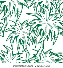 Patrón de vector sin costuras tropical con hojas de palma y árbol. Tema de vocación de vacaciones para la impresión de la tela, diseño textil, invitación de fiesta de moda, estilo de vida de lujo. Dibujado a mano ilustración de línea de dibujos animados.