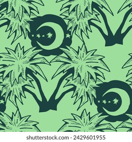 Patrón de vector sin costuras tropical con hojas de palma y árbol. Tema de vocación de vacaciones para la impresión de la tela, diseño textil, invitación de fiesta de moda, estilo de vida de lujo. Dibujado a mano ilustración de línea de dibujos animados.