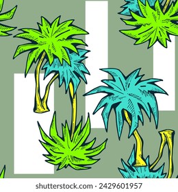 Patrón de vector sin costuras tropical con hojas de palma y árbol. Tema de vocación de vacaciones para la impresión de la tela, diseño textil, invitación de fiesta de moda, estilo de vida de lujo. Dibujado a mano ilustración de línea de dibujos animados.