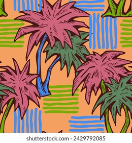 Patrón de vector sin costuras tropical con hojas de palma y árbol. Tema de vocación de vacaciones para la impresión de la tela, diseño textil, invitación de fiesta de moda, estilo de vida de lujo. Dibujado a mano ilustración de línea de dibujos animados.