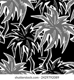 Patrón de vector sin costuras tropical con hojas de palma y árbol. Tema de vocación de vacaciones para la impresión de la tela, diseño textil, invitación de fiesta de moda, estilo de vida de lujo. Dibujado a mano ilustración de línea de dibujos animados.