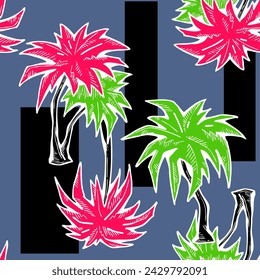 Patrón de vector sin costuras tropical con hojas de palma y árbol. Tema de vocación de vacaciones para la impresión de la tela, diseño textil, invitación de fiesta de moda, estilo de vida de lujo. Dibujado a mano ilustración de línea de dibujos animados.