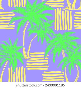 Patrón de vector sin costuras tropical con hojas de palma y árbol. Tema de vocación de vacaciones para la impresión de la tela, diseño textil, invitación de fiesta de moda, estilo de vida de lujo. Dibujado a mano ilustración de línea de dibujos animados.