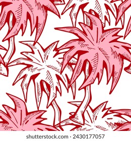 Patrón de vector sin costuras tropical con hojas de palma y árbol. Tema de vocación de vacaciones para la impresión de la tela, diseño textil, invitación de fiesta de moda, estilo de vida de lujo. Dibujado a mano ilustración de línea de dibujos animados.