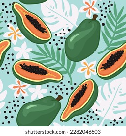 Tropical seamless vector pattern of papaya fruit on a blue background with exotic leaves and flower. Perfect for wallpaper, food wrapping paper, fabric, background etc.