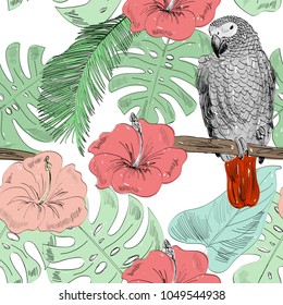 Tropical seamless vector pattern with parrot and flowers.