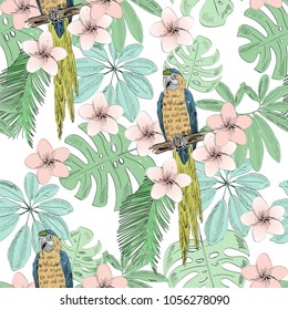 Tropical seamless vector pattern with parrot and flowers.