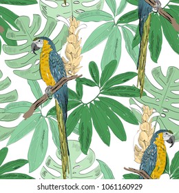 Tropical seamless vector pattern with parrot and flowers.