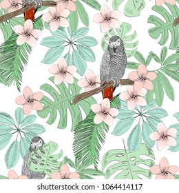Tropical seamless vector pattern with parrot and flowers.