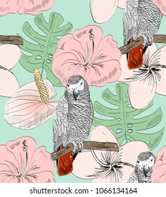 Tropical seamless vector pattern with parrot and flowers.