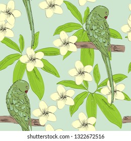 Tropical seamless vector pattern with parrot and flowers.