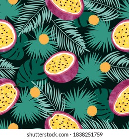 Tropical seamless vector pattern with passion fruit and jungle leaves. Summer background.